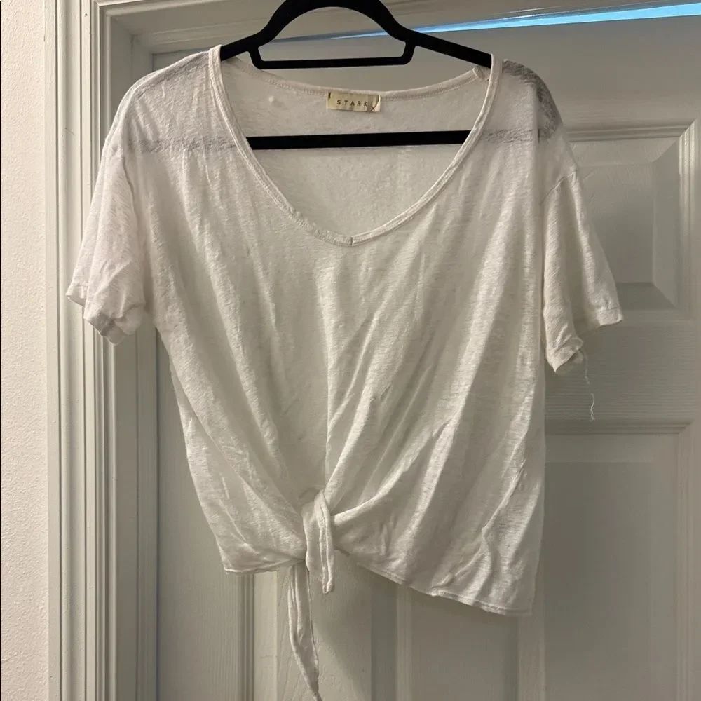 White Tie-Front Women’s Top Cropped 100% Linen STARK X Short Sleeve T - Small